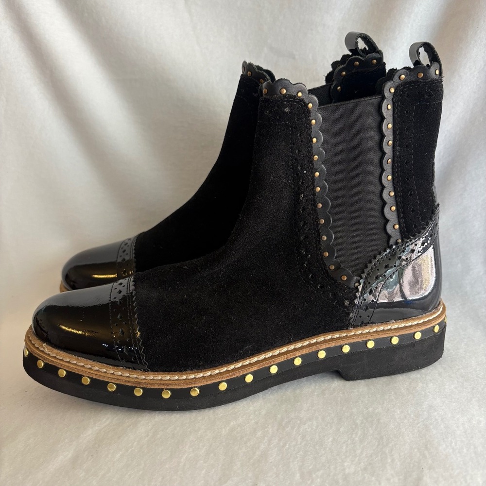 Free People Black Suede Patent Leather Studded Scalloped Chelsea Boots Size 41